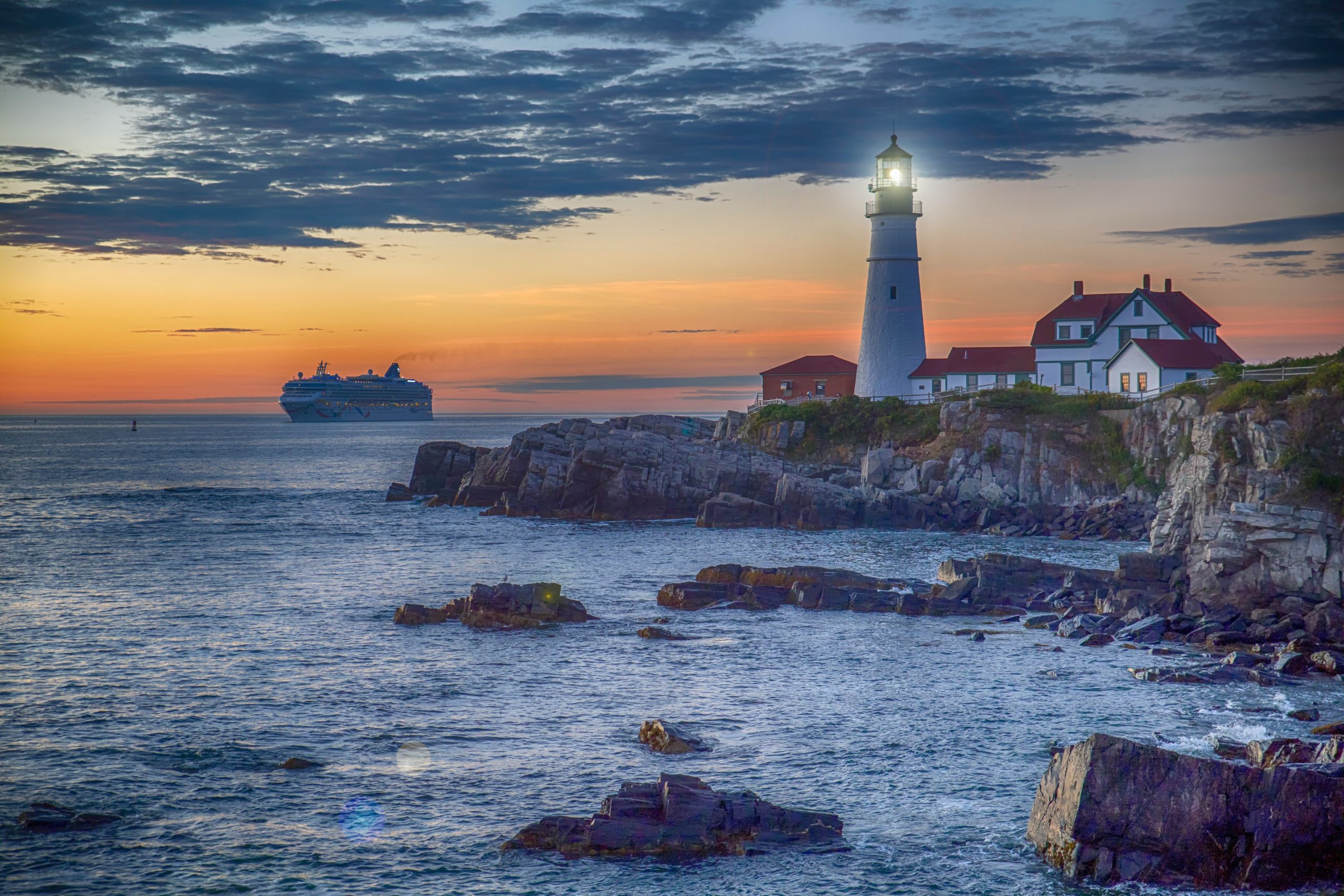 A Maine lighthouse at sunset