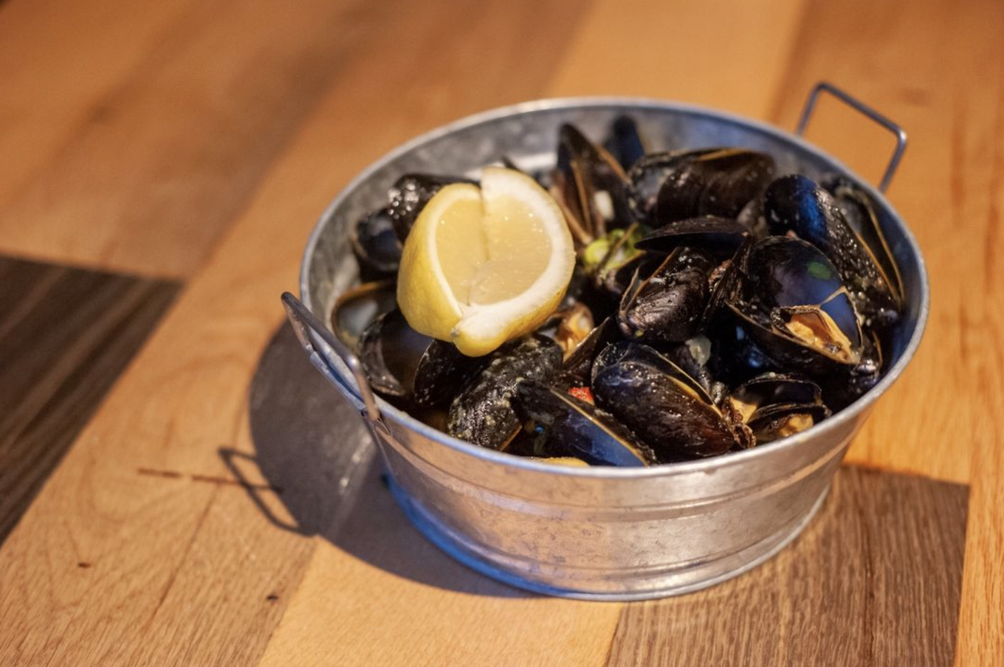 A bucket of mussels