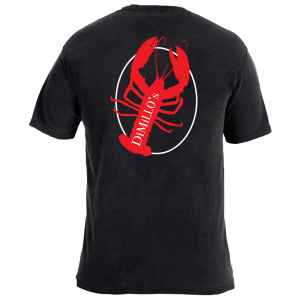 A black t-shirt with a lobster on a plate on the back