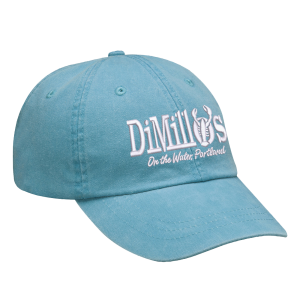 A blue baseball cap with the DiMillo's logo on it