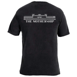 The back of a black t-shirt with an illustration of the boat and "The Mothership" on it