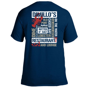 A navy t-shirt with a lobster and DiMillo's word scramble on it